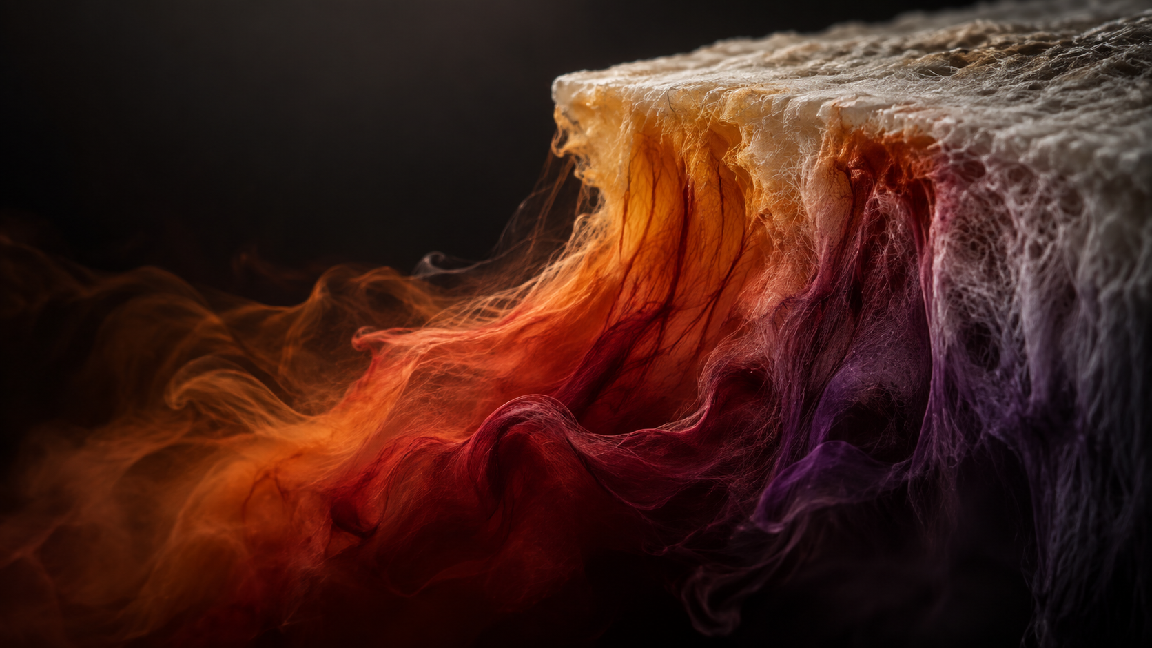 Amber, red and violet pigment entering a fibrous material. Conceptual visualization.
