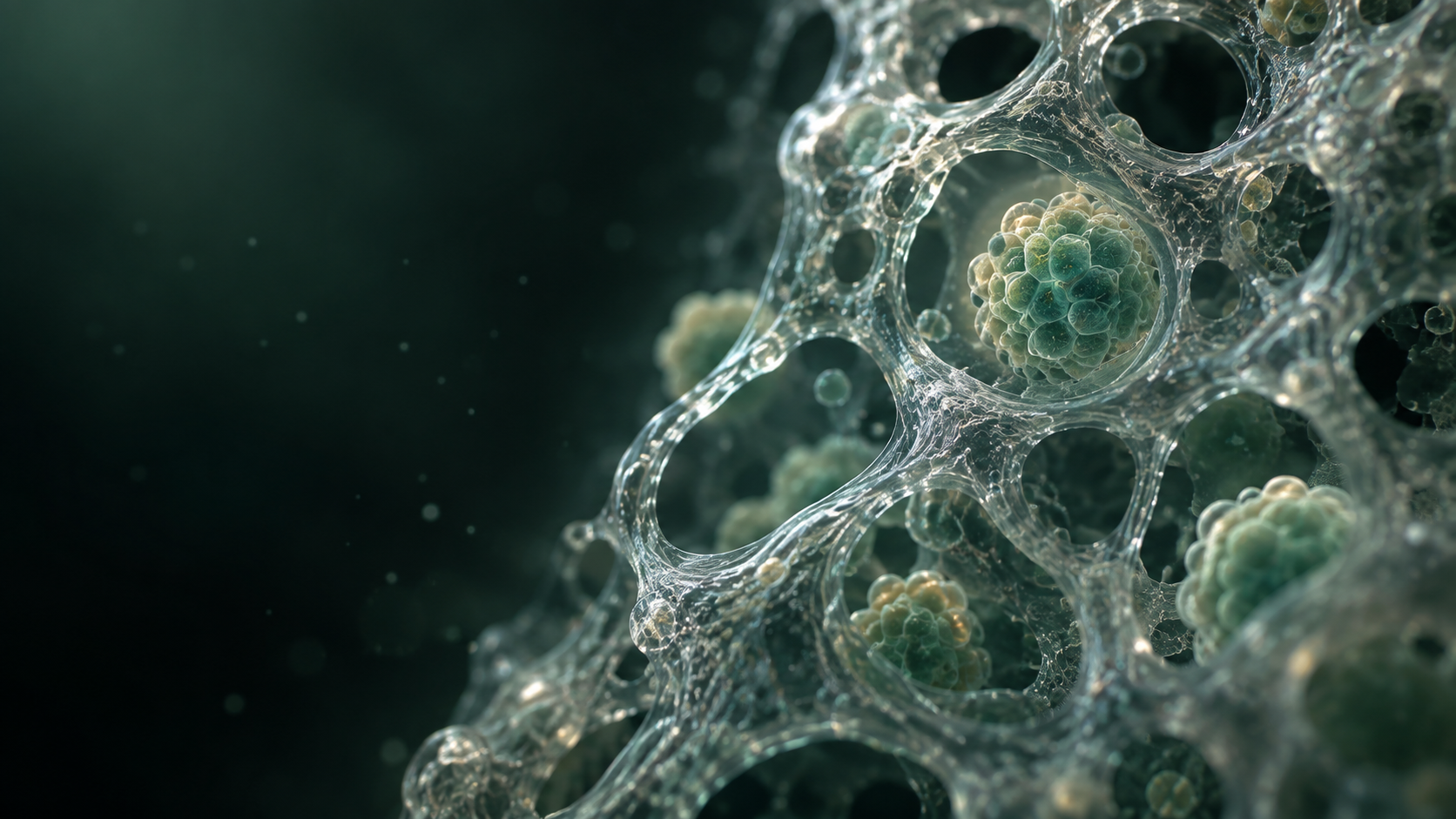 Conceptual translucent porous matrix with embedded cell-like clusters. Research illustration.
