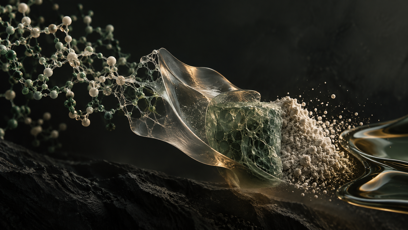 Conceptual polymer network transitioning into film, gel, powder and formulation.